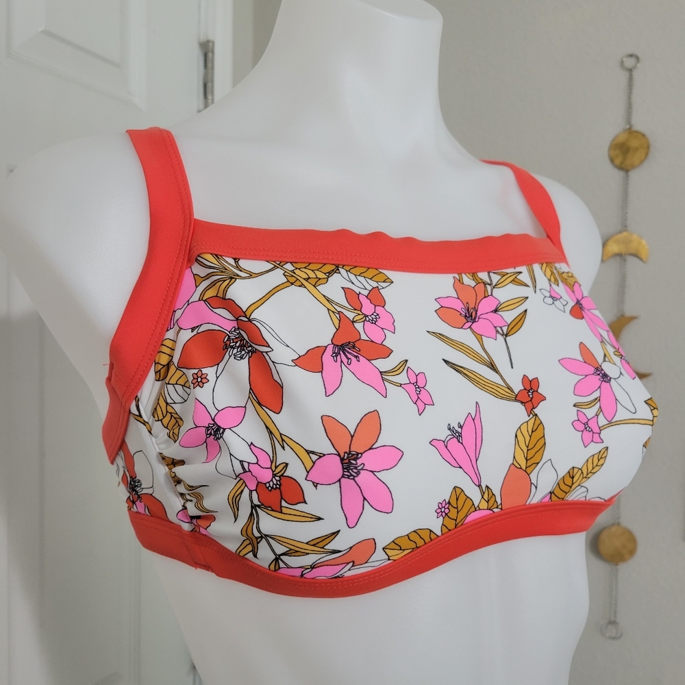 Xhilaration Boho Bikini Top Orange Vintage Flowers Cross Straps D/DD EUC - Picture 2 of 15